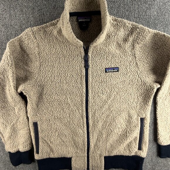 Patagonia Woolyester Beige Blue Fleece Full Zip Jacket Logo 26945 Bomber Small - Picture 1 of 16